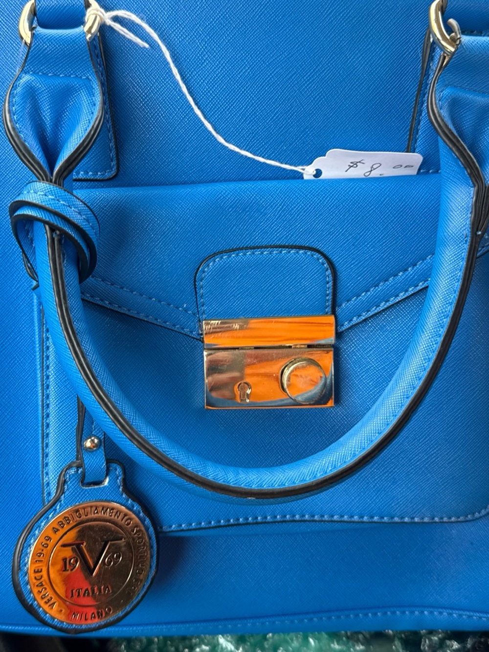 Bright Blue Structured Satchel with Gold-Tone Accent